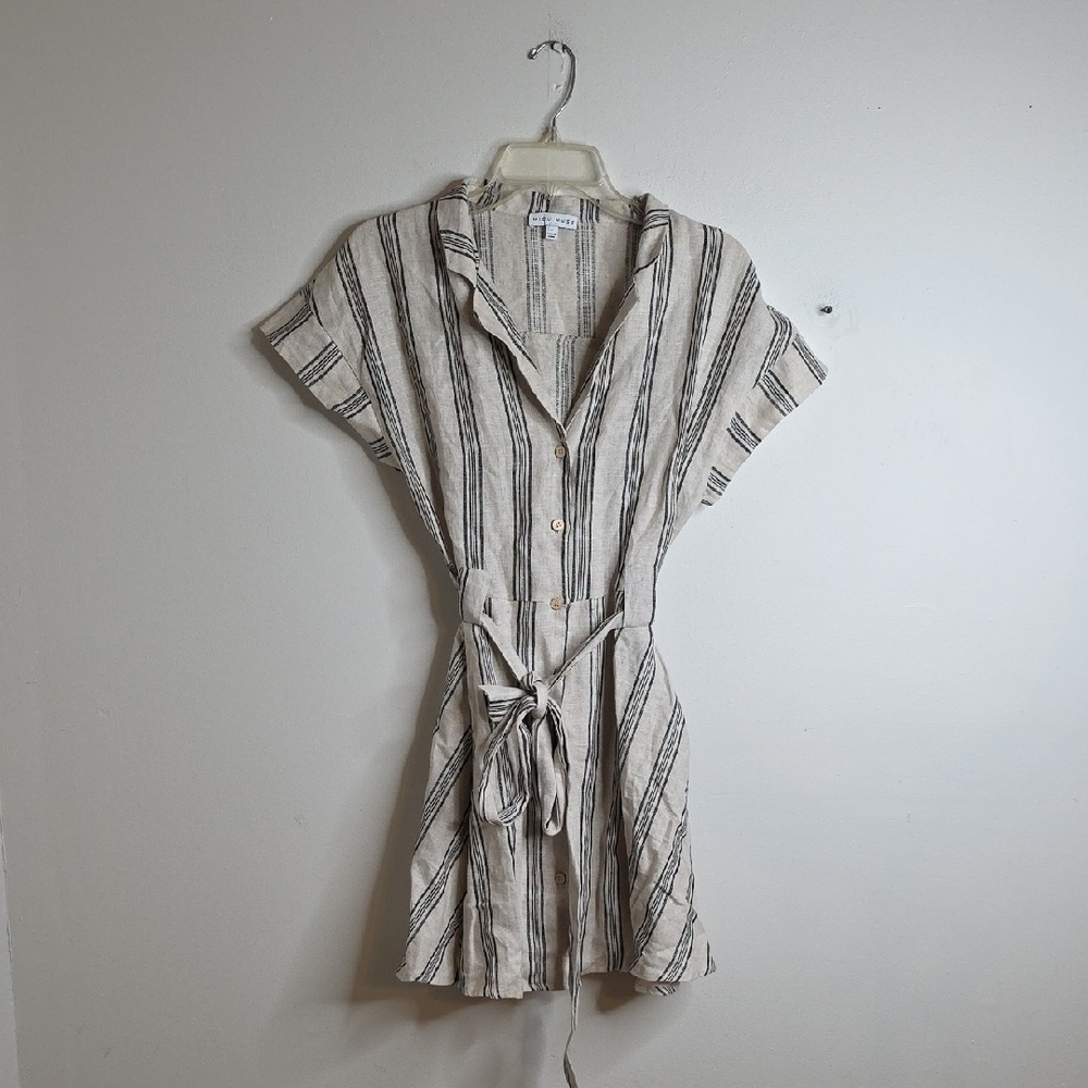 Miou Muse Linen Striped Button-Up Dress with Belt NWOT Large - Picture 1 of 6